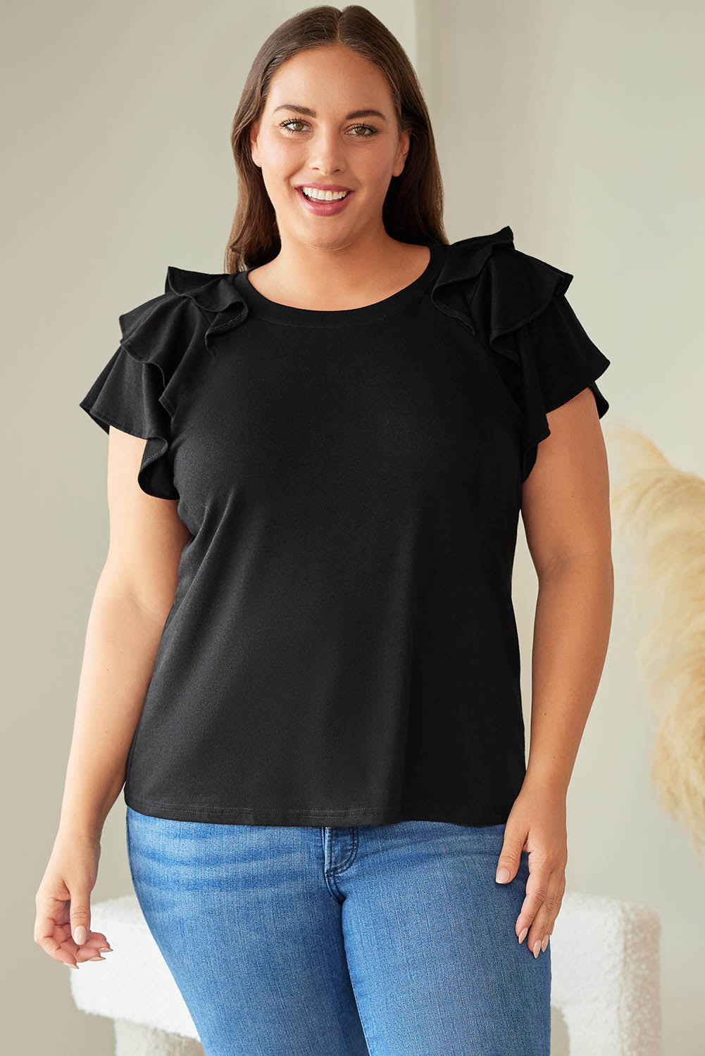 Black Plain Tiered Ruffled Short Sleeve T Shirt