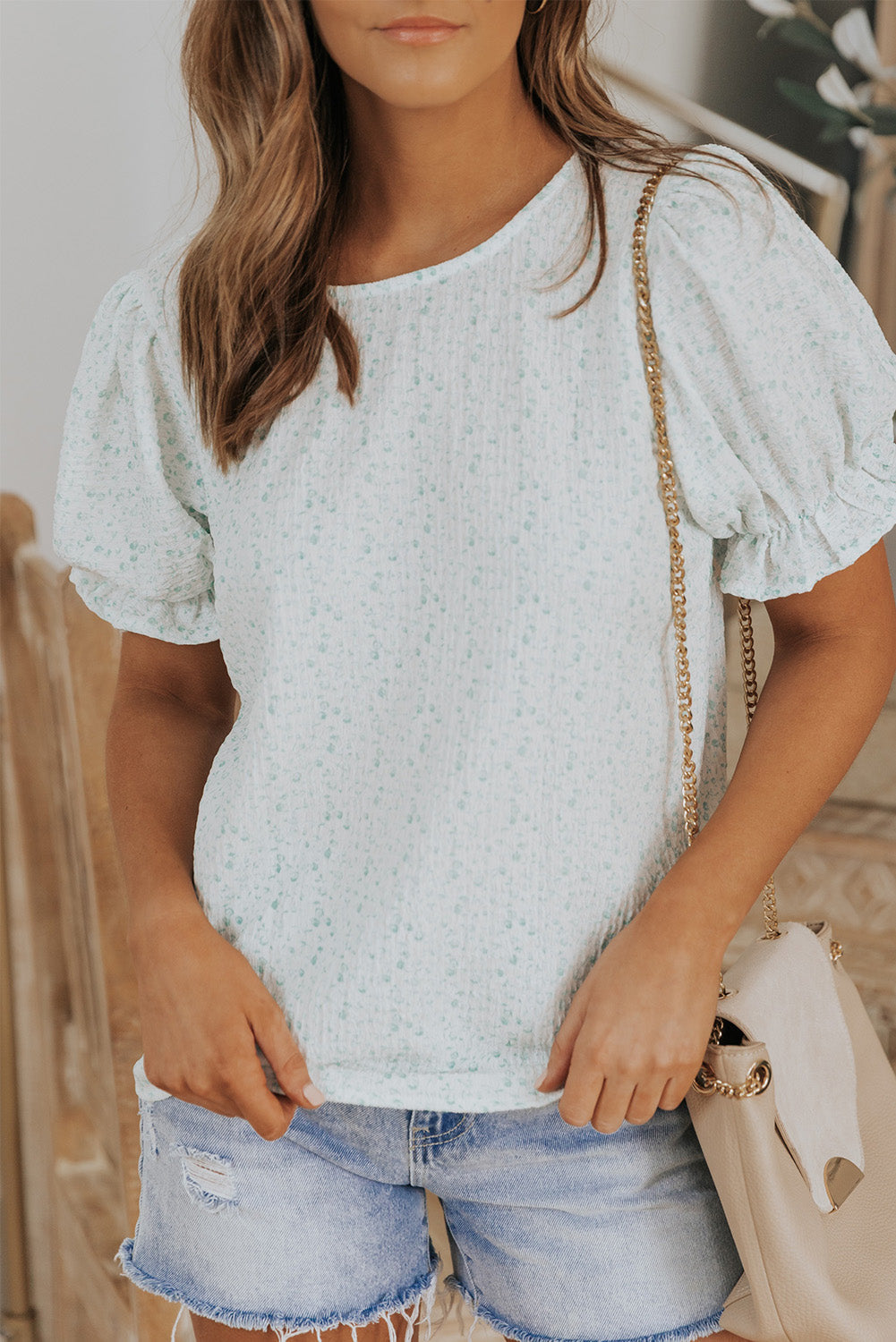 Sky Blue Floral Smocked Puff Sleeve Blouse