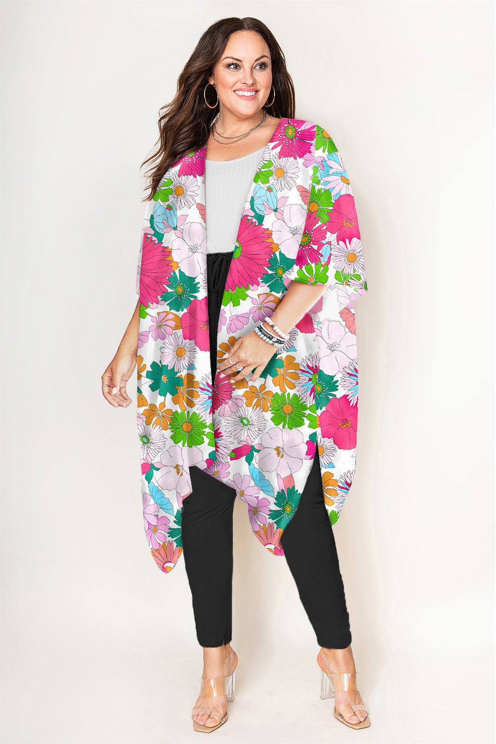 Multicolor Floral Print Plus Size Kimono