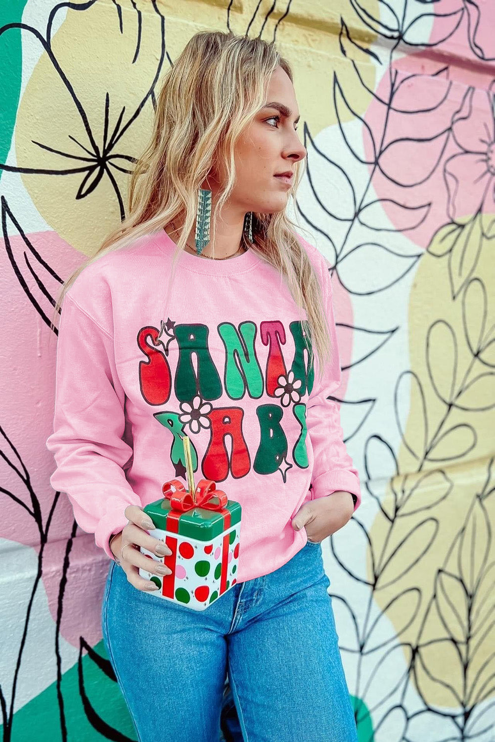 Pink SANTA BABY Sweet Floral Graphic Sweatshirt