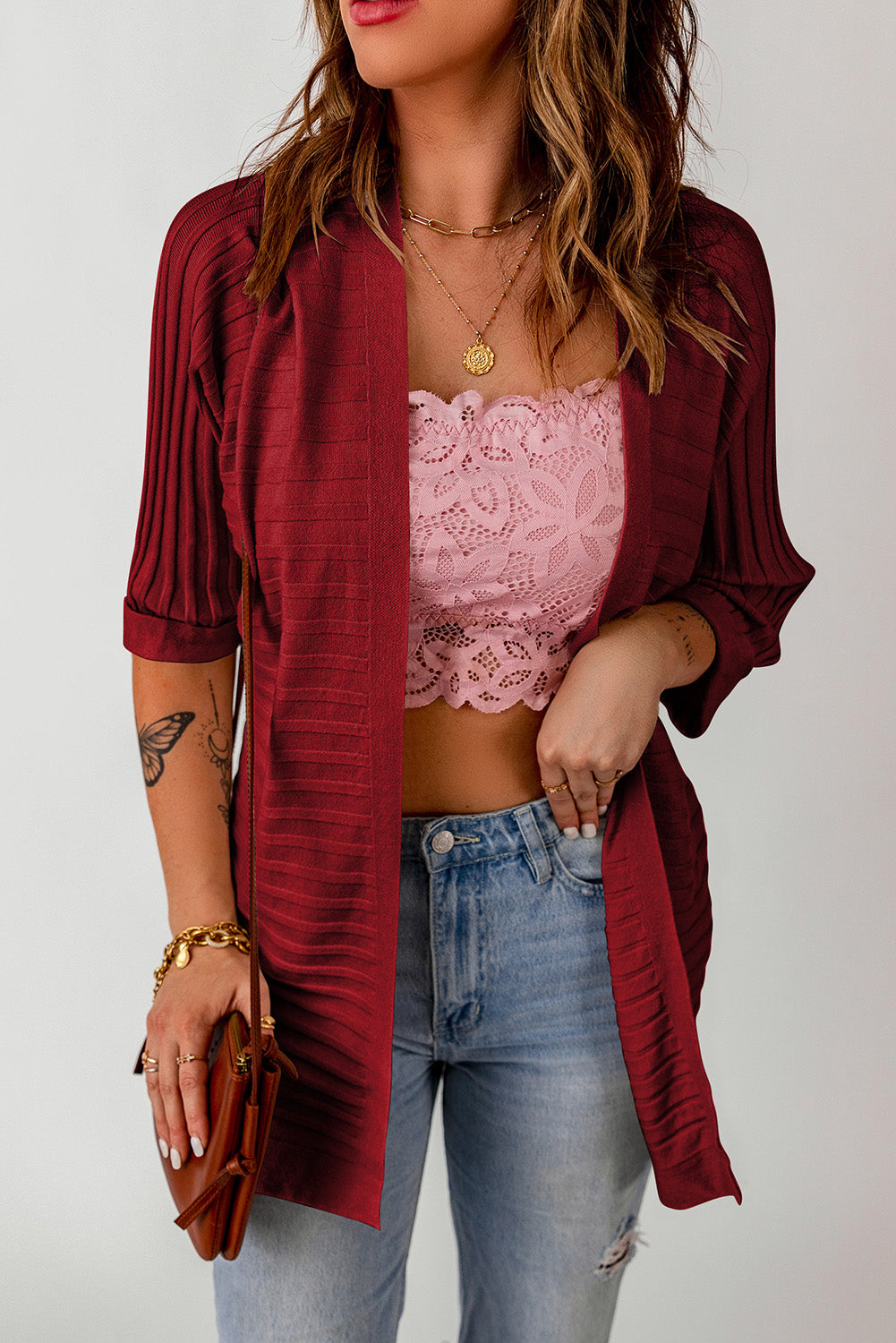 Red Ribbed Open Front Knit Cardigan