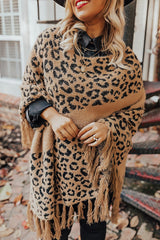 Leopard Plus Size Tasseled Hem Draped Poncho