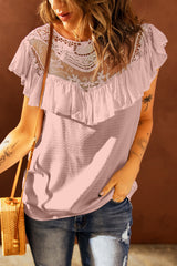 Pink Lace Splicing Ruffled Short Sleeve T-shirt