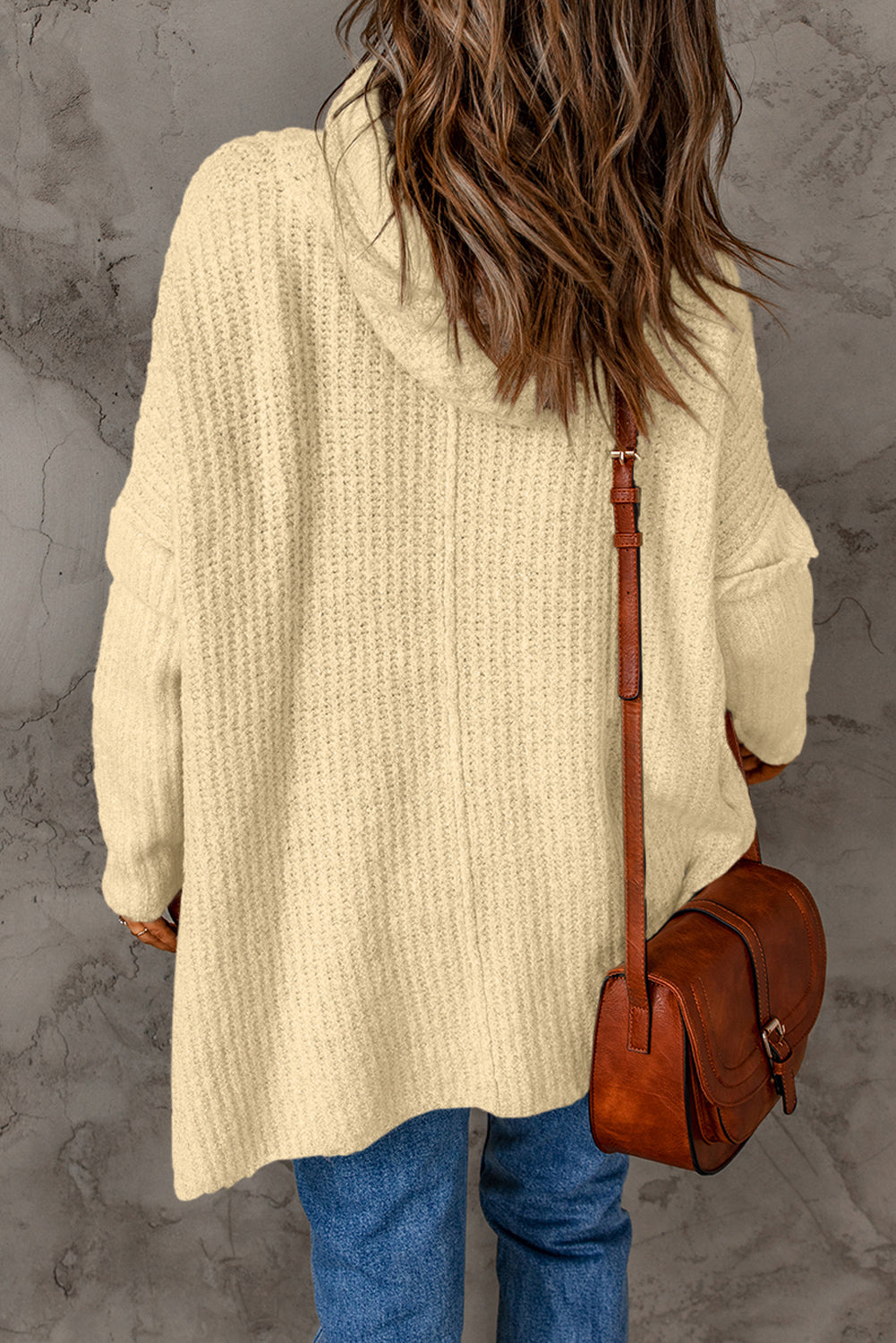 Apricot Waffle Knit Loose Slit Drawstring Hooded Sweater