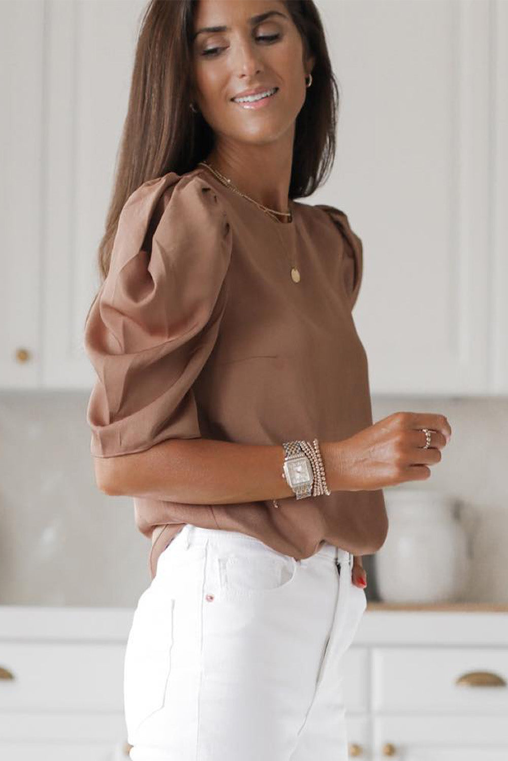 Brown Keyhole Back Puff Sleeve Crew Neck Top