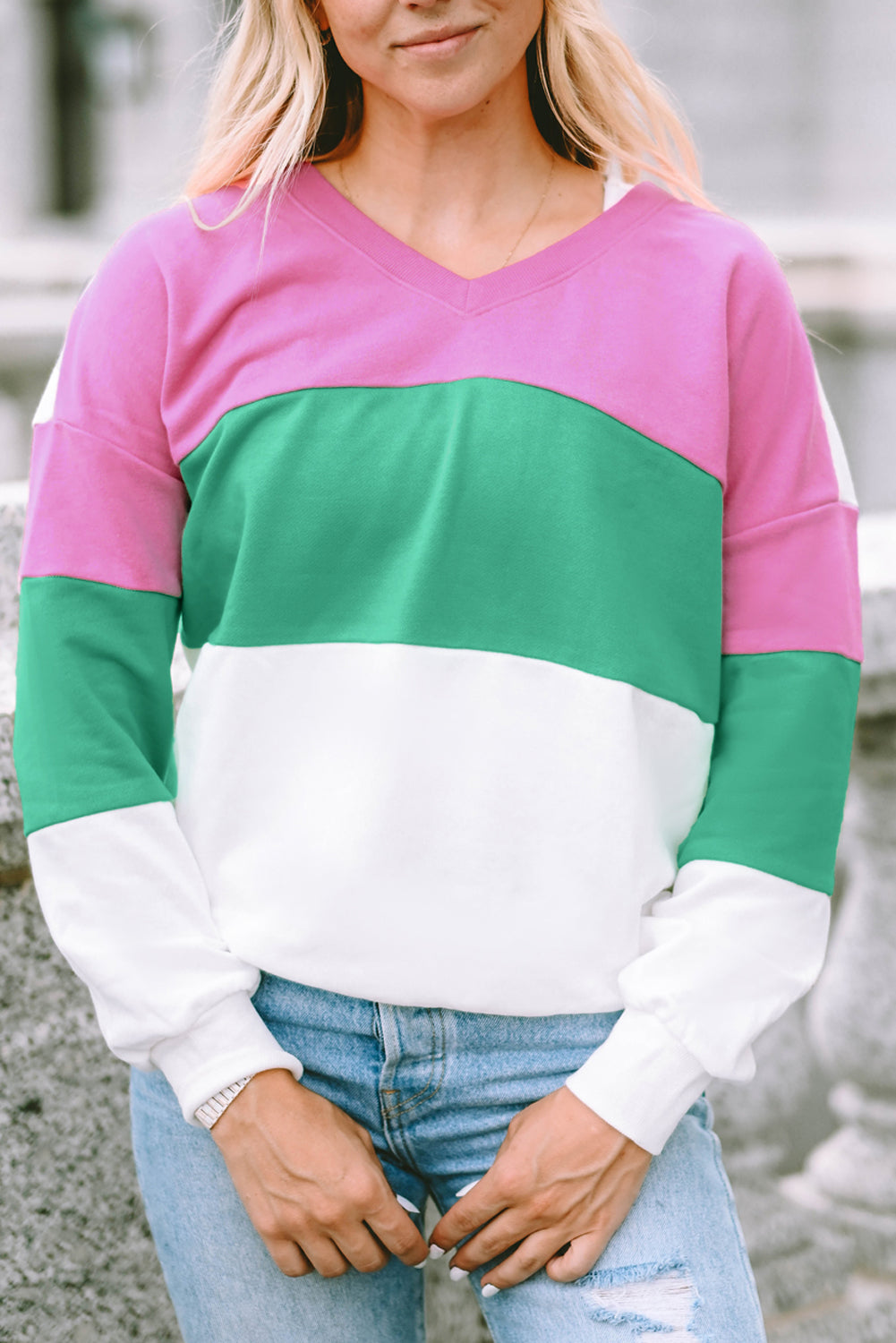 Pink Ribbed V Neck Color Block Patchwork Sweatshirt