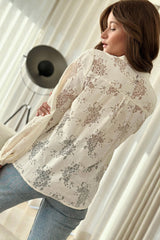 White Floral Lace Stand Neck Textured Shirt