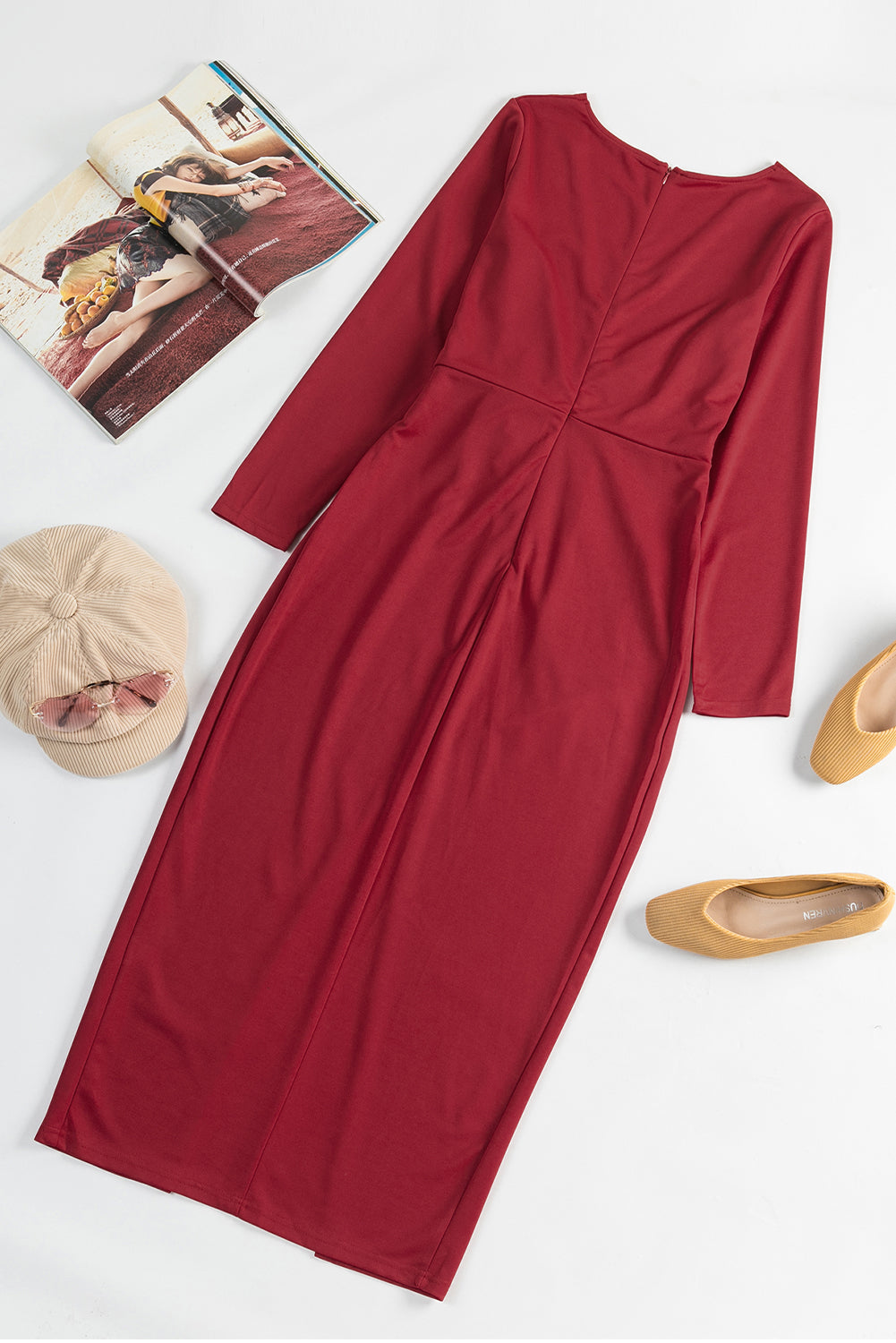 Red Black Long Sleeve V Neck Twist Front Slit Long Dress