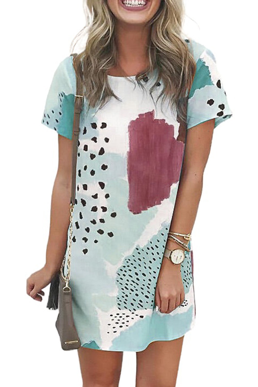 Light Blue Leopard Splicing Color Block Mini Dress