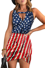 Red Stars Stripes USA Flag Print Wrapped Sleeveless Dress