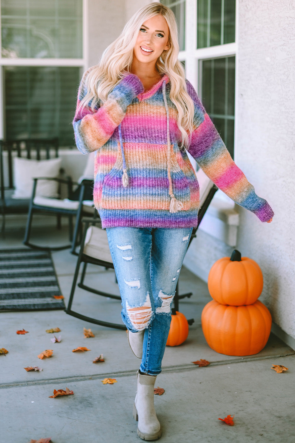 Multicolor Ombre Kangaroo Pocket Hooded Sweater