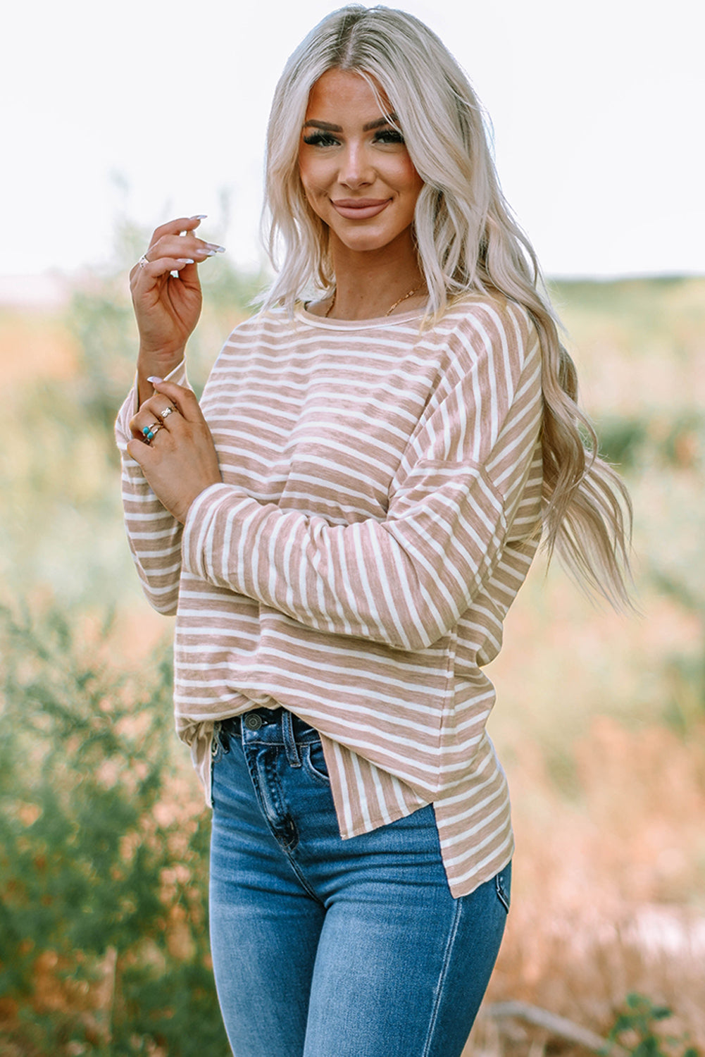 Red Striped Print Drop Shoulder Long Sleeve Top