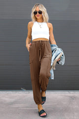 Brown Multi-pockets Drawstring High Waist Joggers