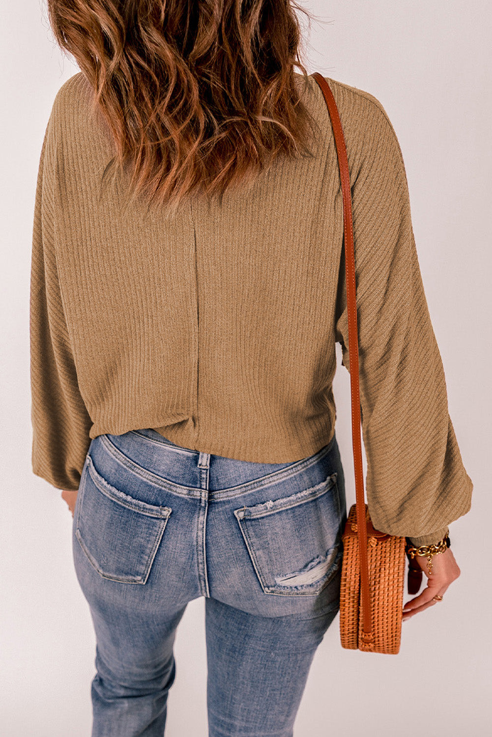 Brown Solid Crew Neck Loose Ribbed Knit Top