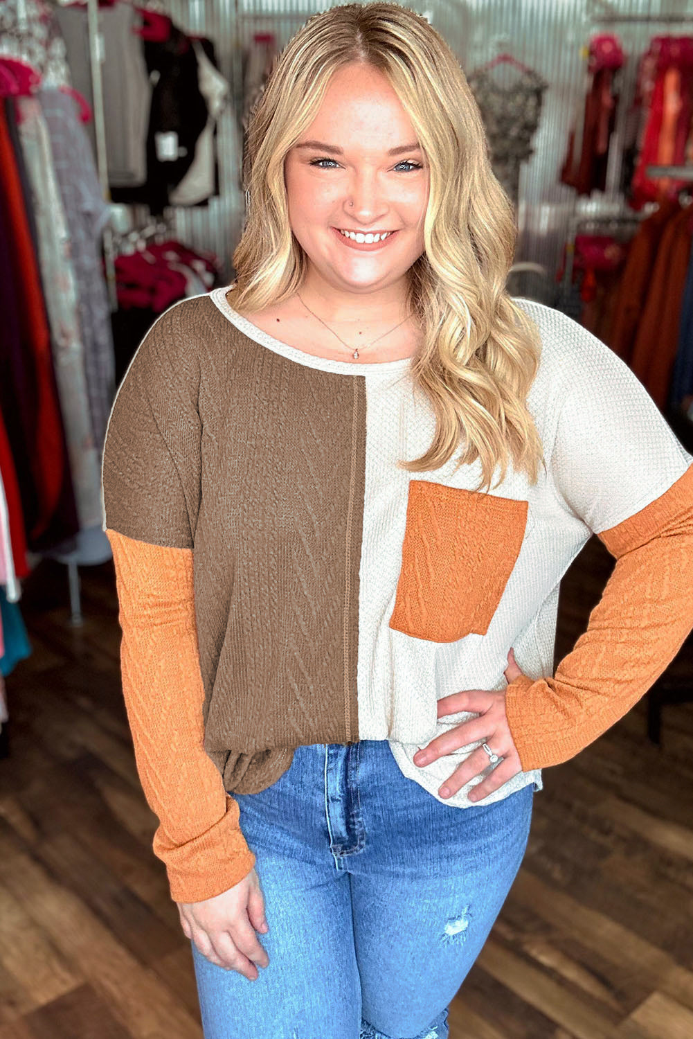 Chestnut Plus Size Color Block Textured Patchwork Top with Pocket