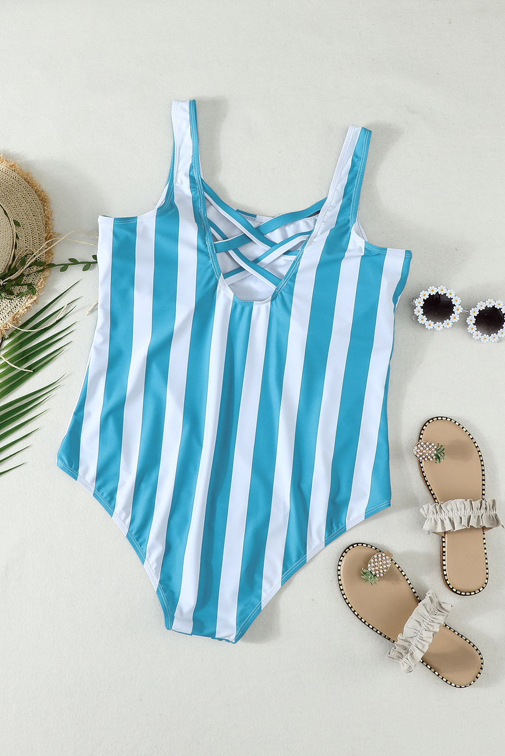 Striped Print Criss Cross U-neck One-piece Swimsuit