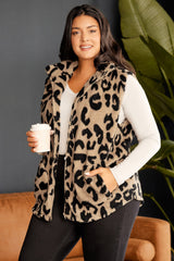 Leopard Plus Size Stand Neck Zipped Front Sherpa Jacket Vest