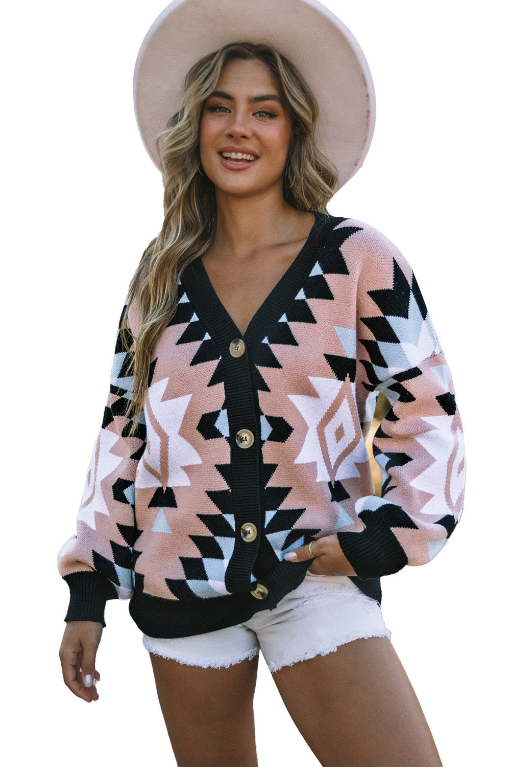 Pink Oversized Aztec Buttons Front Cardigan