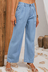 Sky Blue High Waist Pleated Wide Leg Jeans