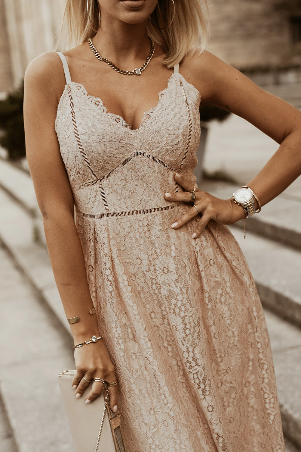 Apricot Spaghetti Strap V-Neck Lace Maxi Dress