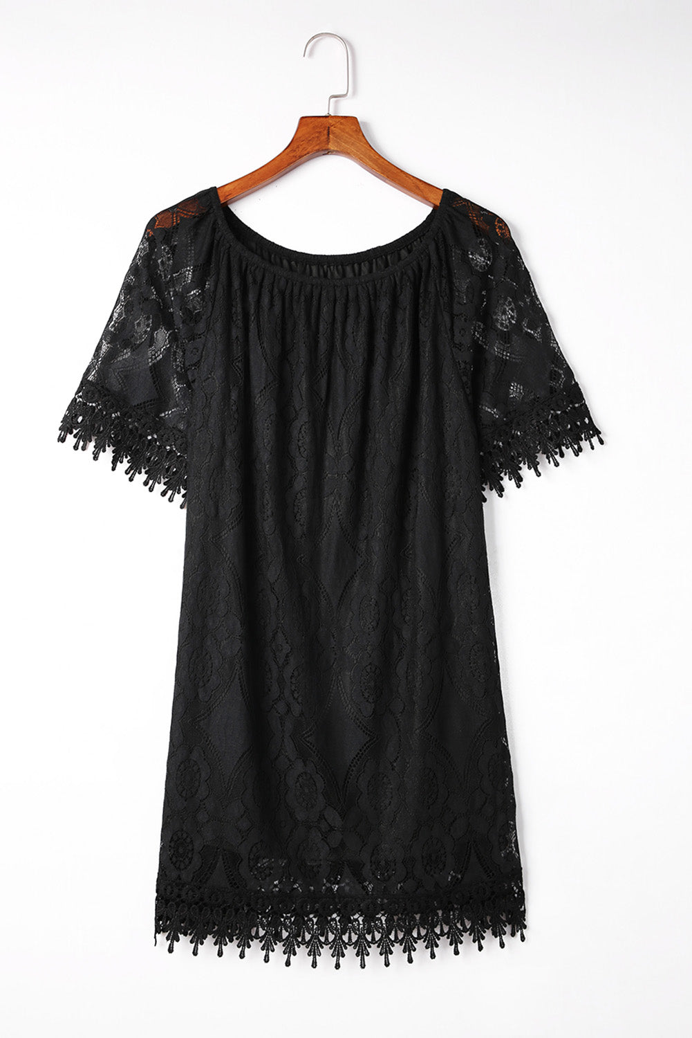 Black Round Neck Short Sleeve Loose Lace Dress
