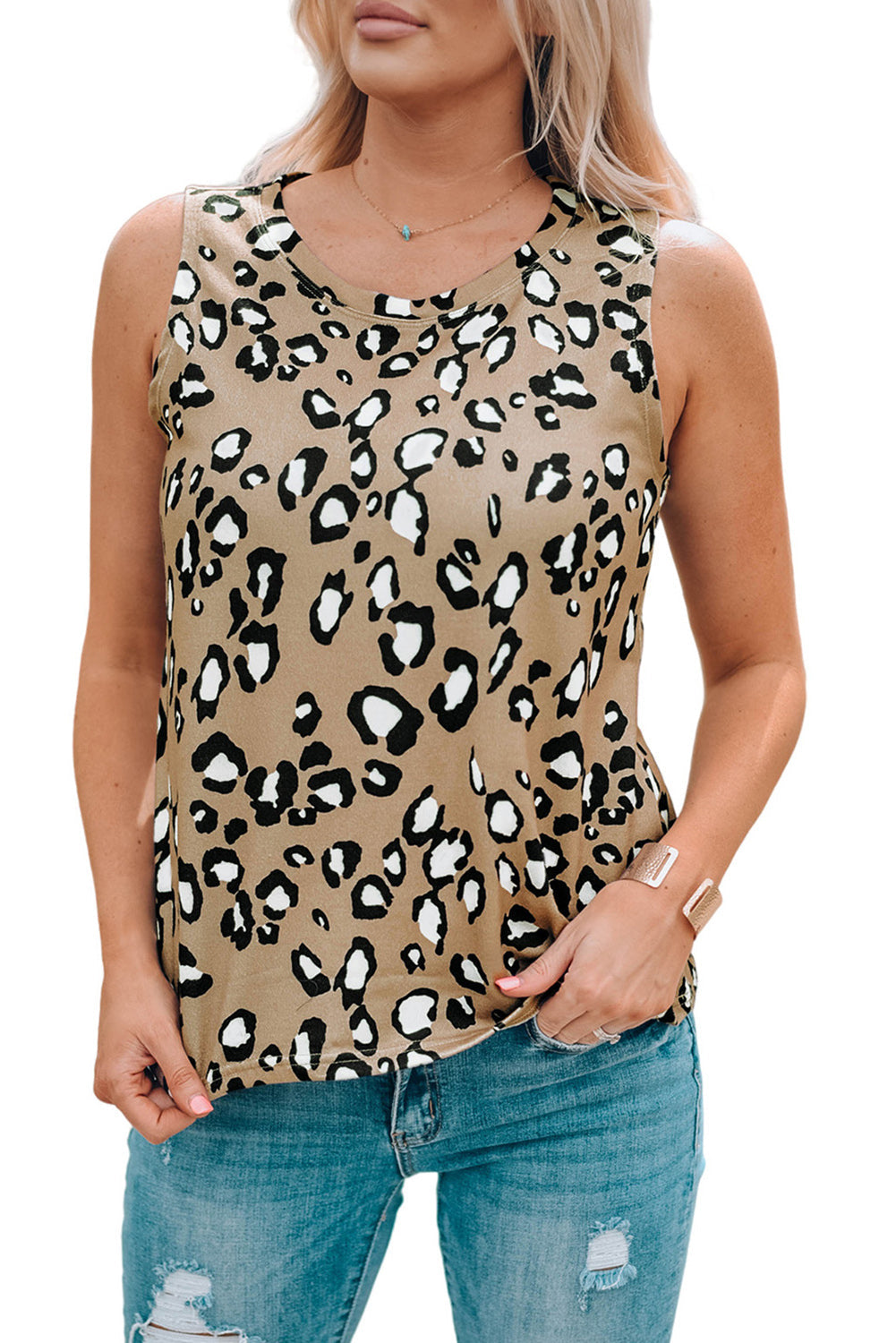 Blue Leopard Print Crew Neck Tank Top