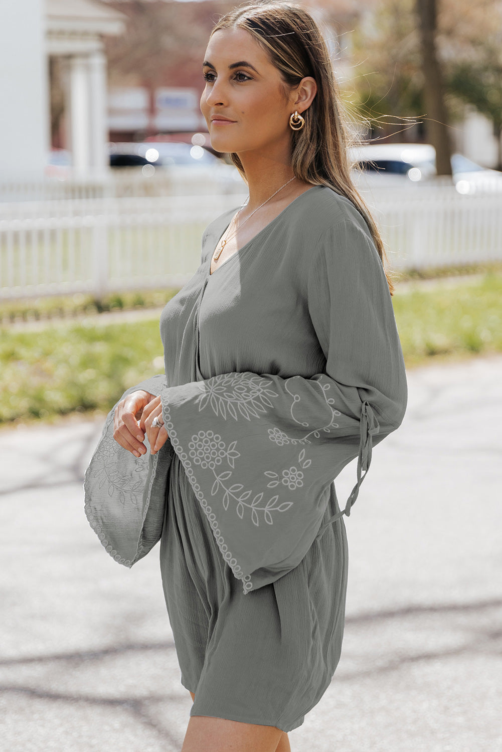 Surplice V Neck Floral Bell Sleeve Romper