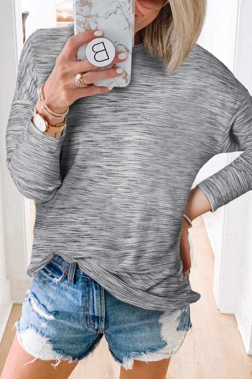 Stripe Heathered Drop Shoulder Long Sleeve Top