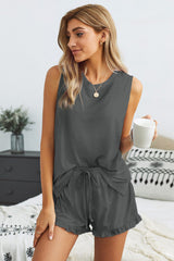 Dark Gray Crew Neck Tank and Drawstring Ruffled Shorts Lounge Set