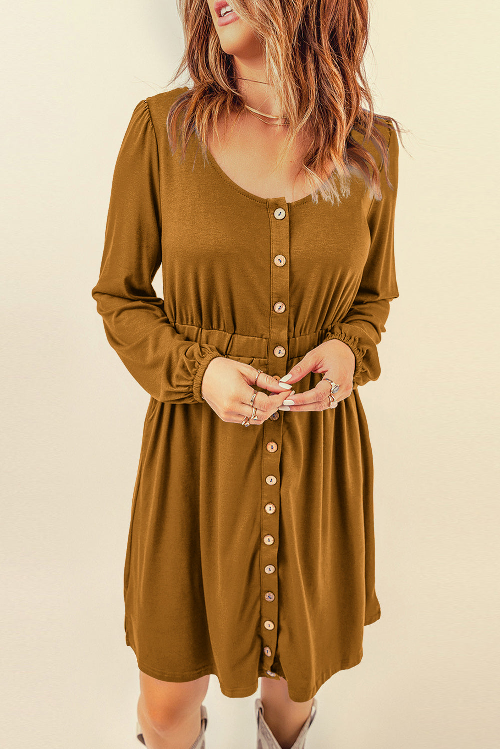 Red Button Up High Waist Long Sleeve Dress