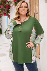 Green Plus Size Floral Patchwork Henley Top