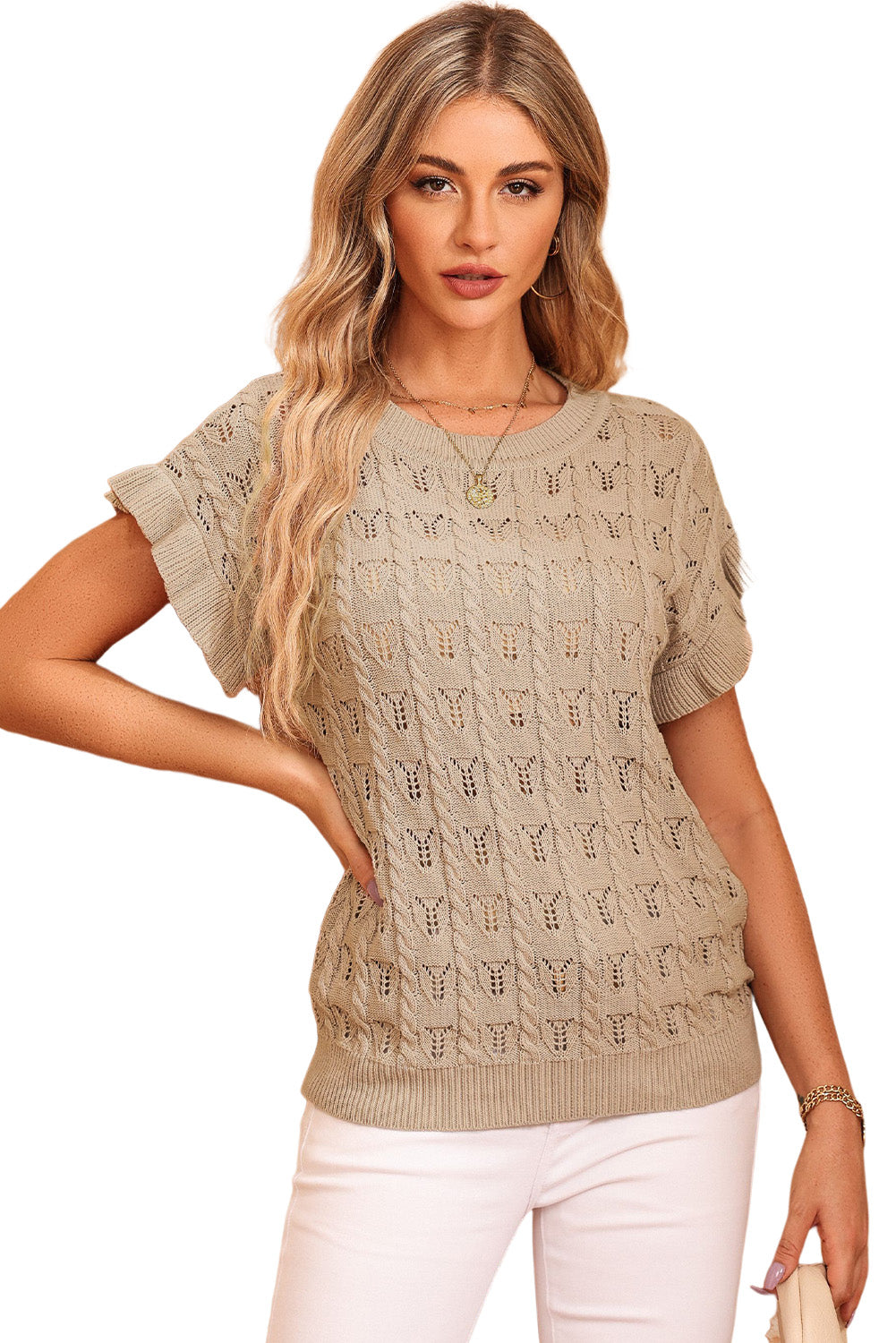 Khaki Ruffle Short Sleeves Cable Knit Textured Top