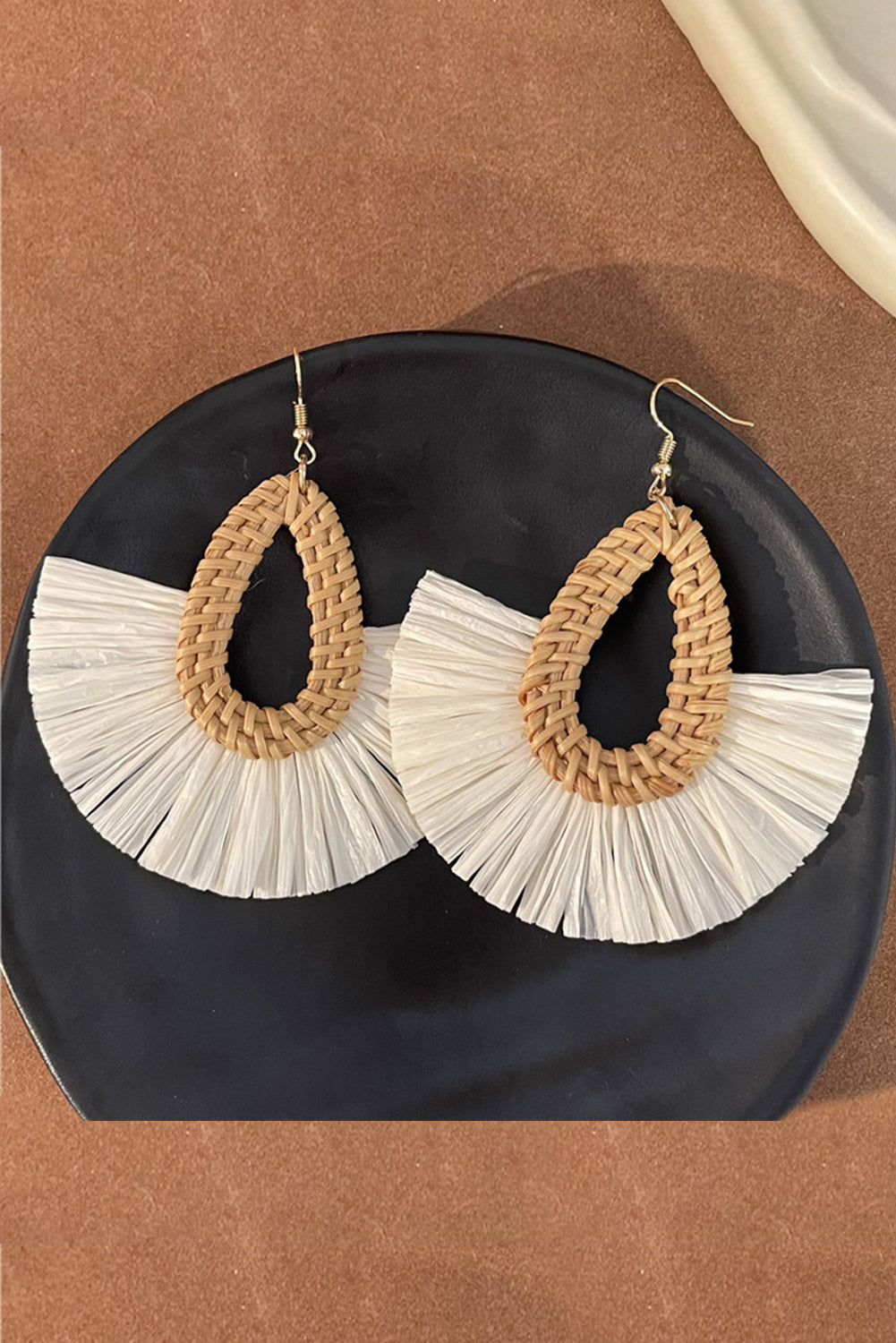 Beige Bohemian Semi-circle Woven Drop Earrings