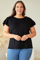 Black Plus Size Solid Color Ruffled Short Sleeve Top