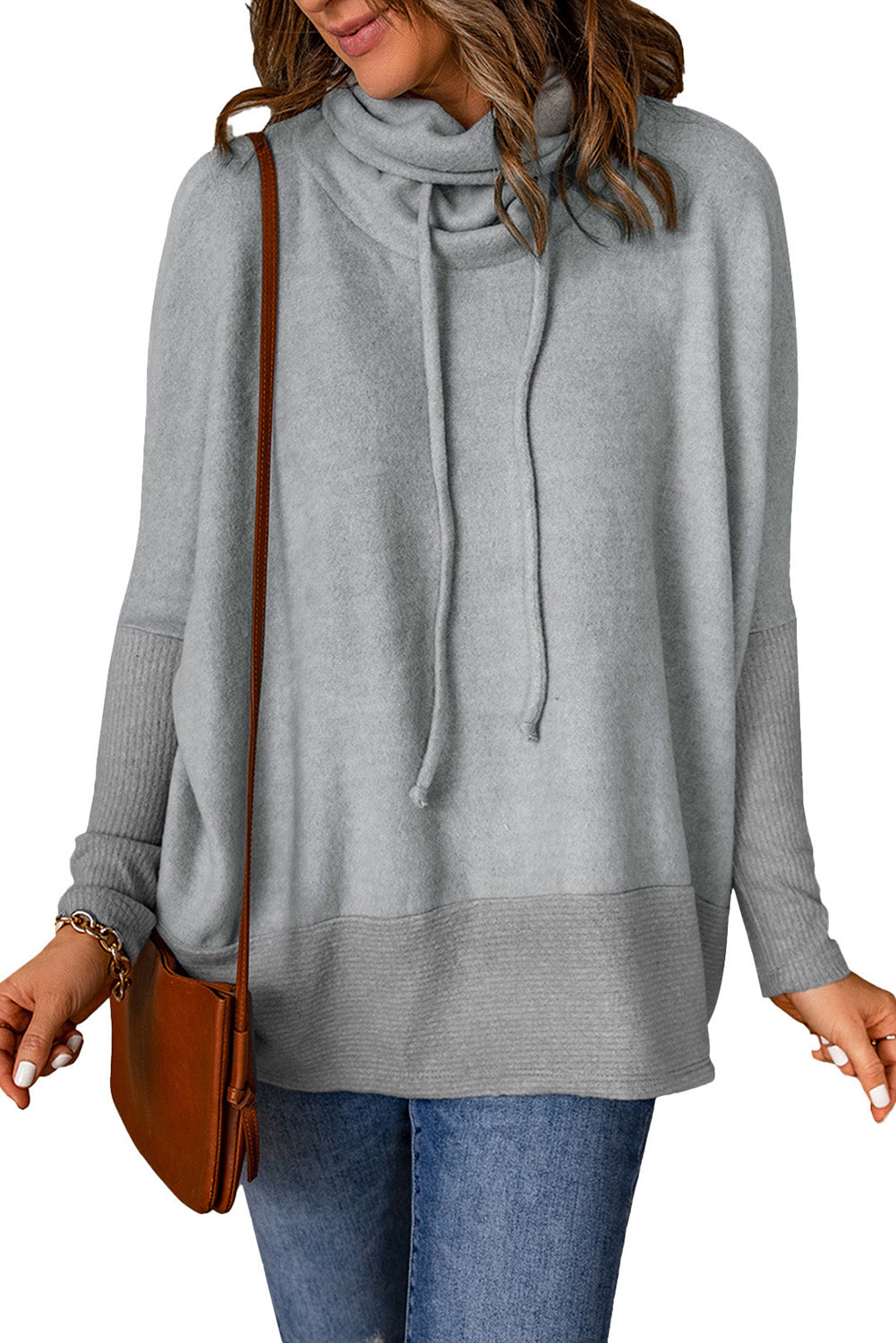 Gray Cowl Neck Contrast Dolman Sleeve Terry Pullover Top