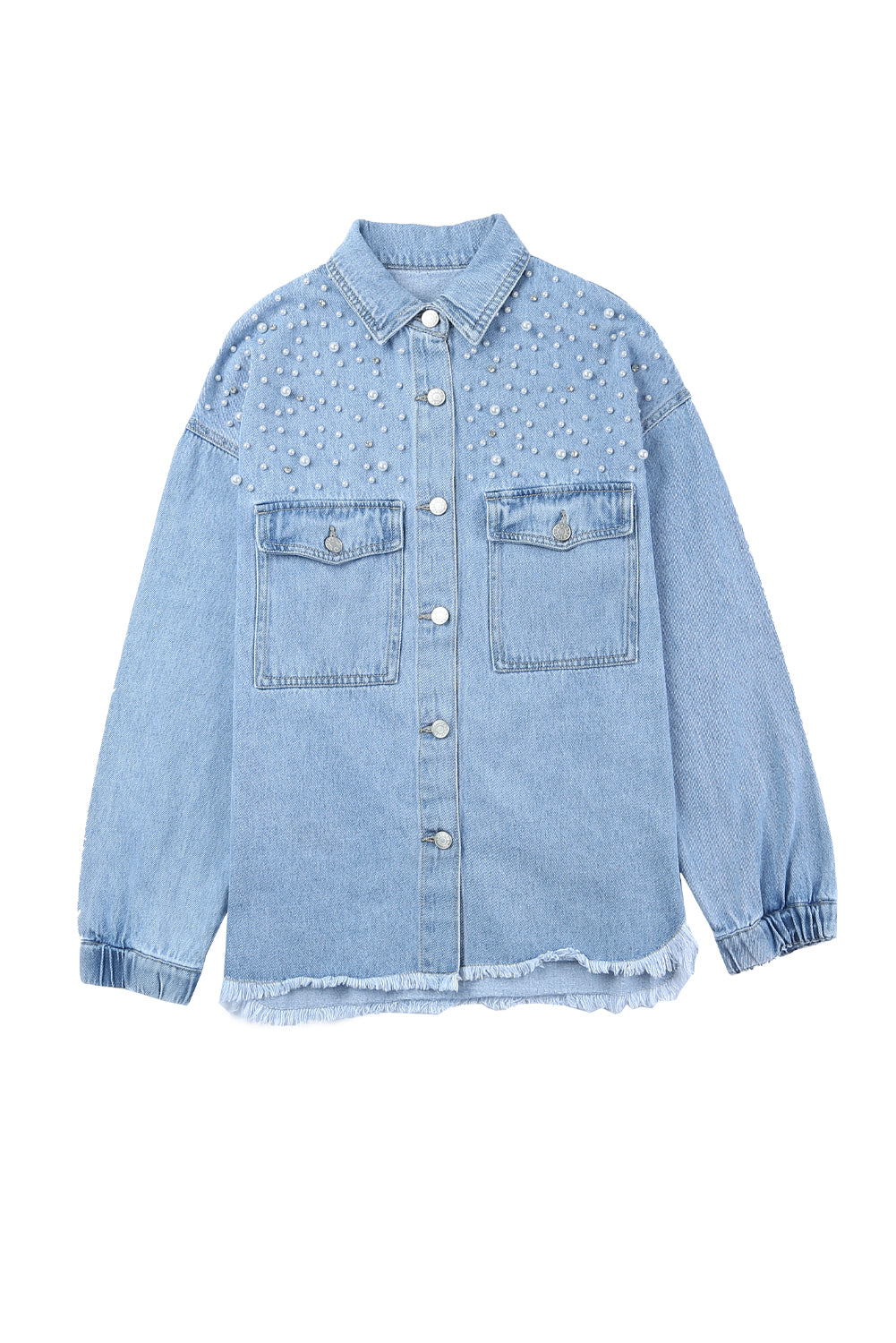 Sky Blue Rhinestone Pearls Denim Shacket