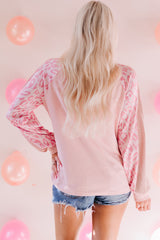 Pink Leopard Waffle Splice Long Sleeve Top