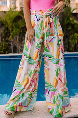 Multicolor Tropical Leafy Print Belted Wide Leg Pants