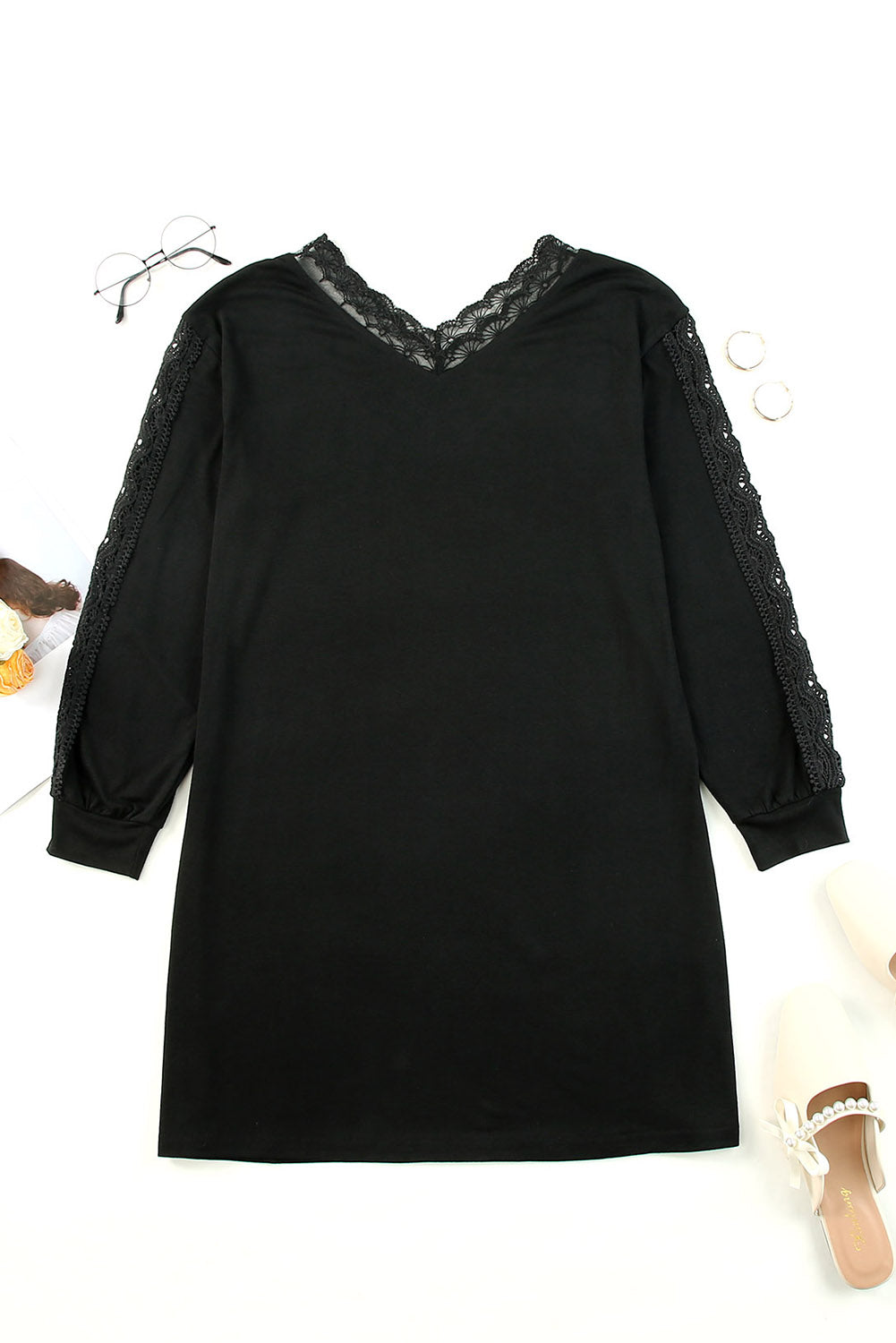 Black Lace Splicing Hollow Out Mini Dress
