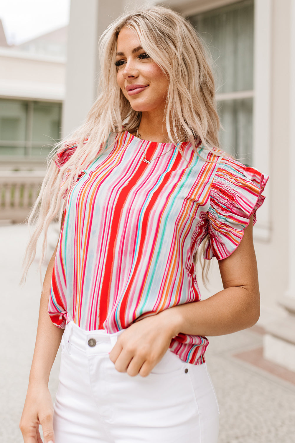 Multicolor Abstract Print Stitching Ruffle Sleeve Blouse