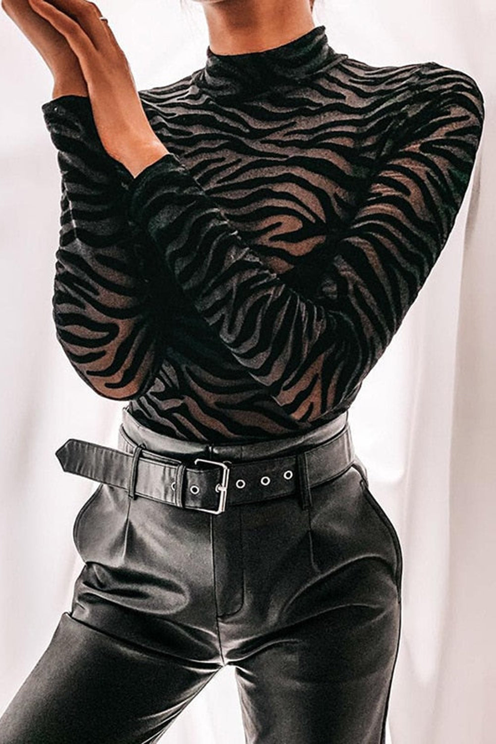 Black Mock Neck Long Sleeve Zebra Print Bodysuit