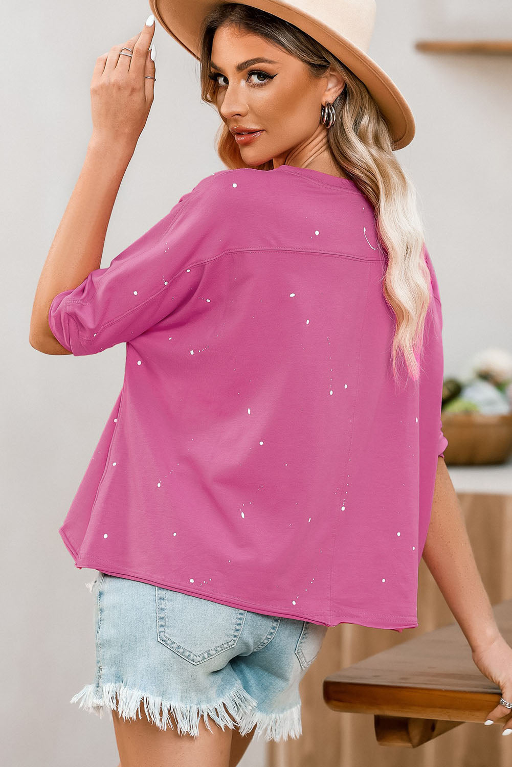 Pink Distressed Bleached Asymmetric Hem Short Sleeve Top