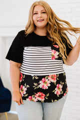 Black Plus Size Splicing Block Stripe Floral Short Sleeve Top