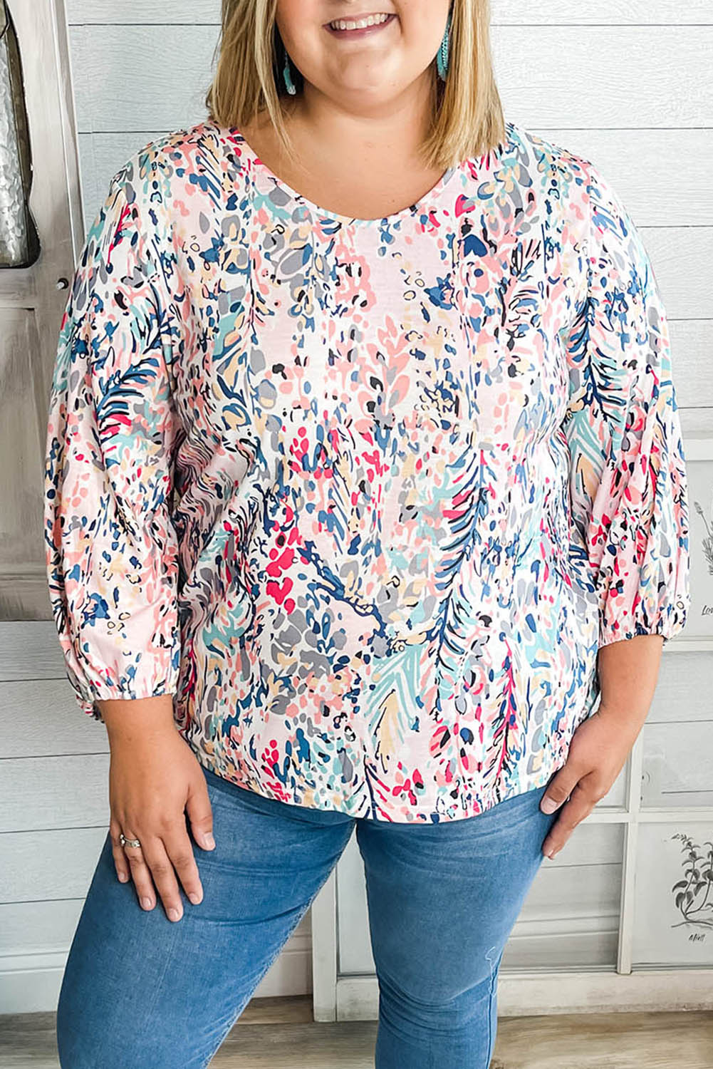 Multicolor Plus Size Floral Print Round Neck Long Sleeve Blouse