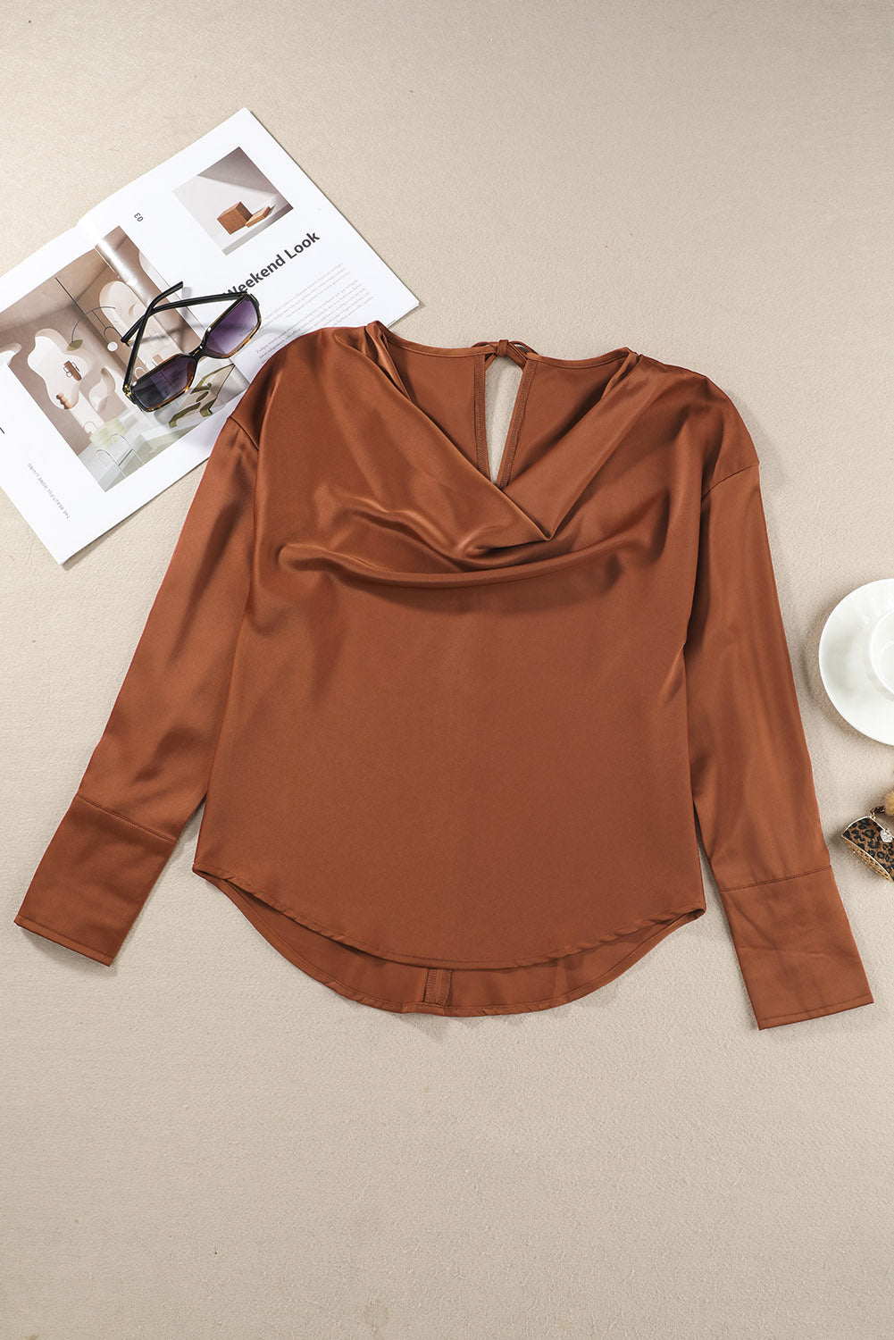 Green Cowl Neck Long Sleeve Elegant Blouse