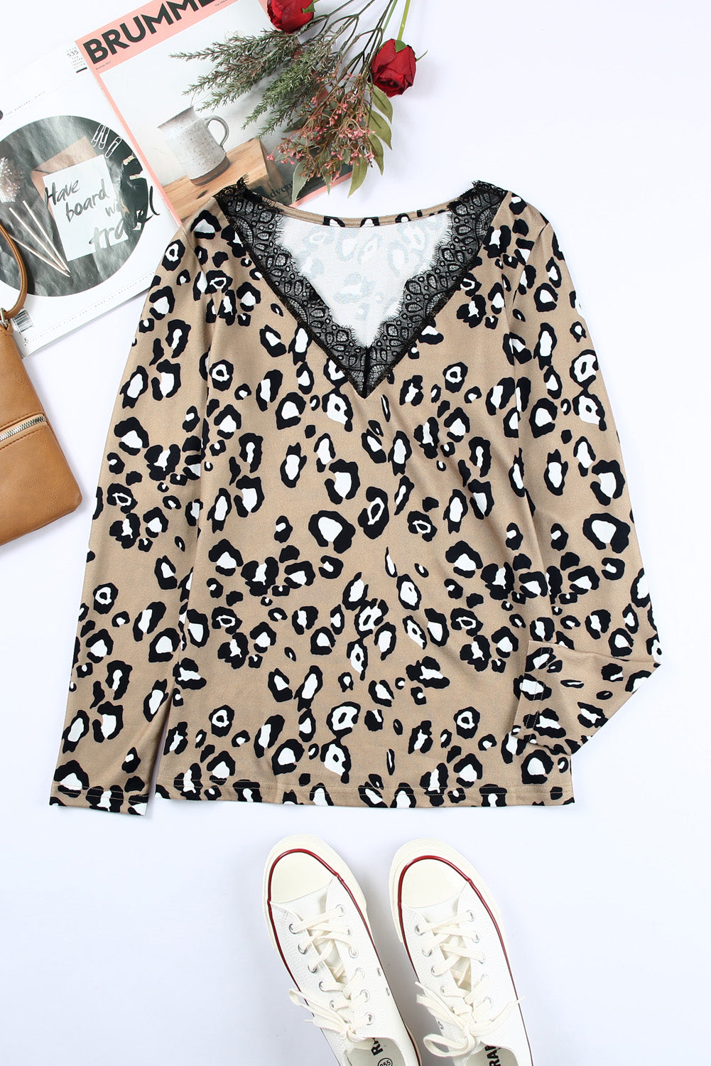 Leopard Print Lace Trim V Neck Top