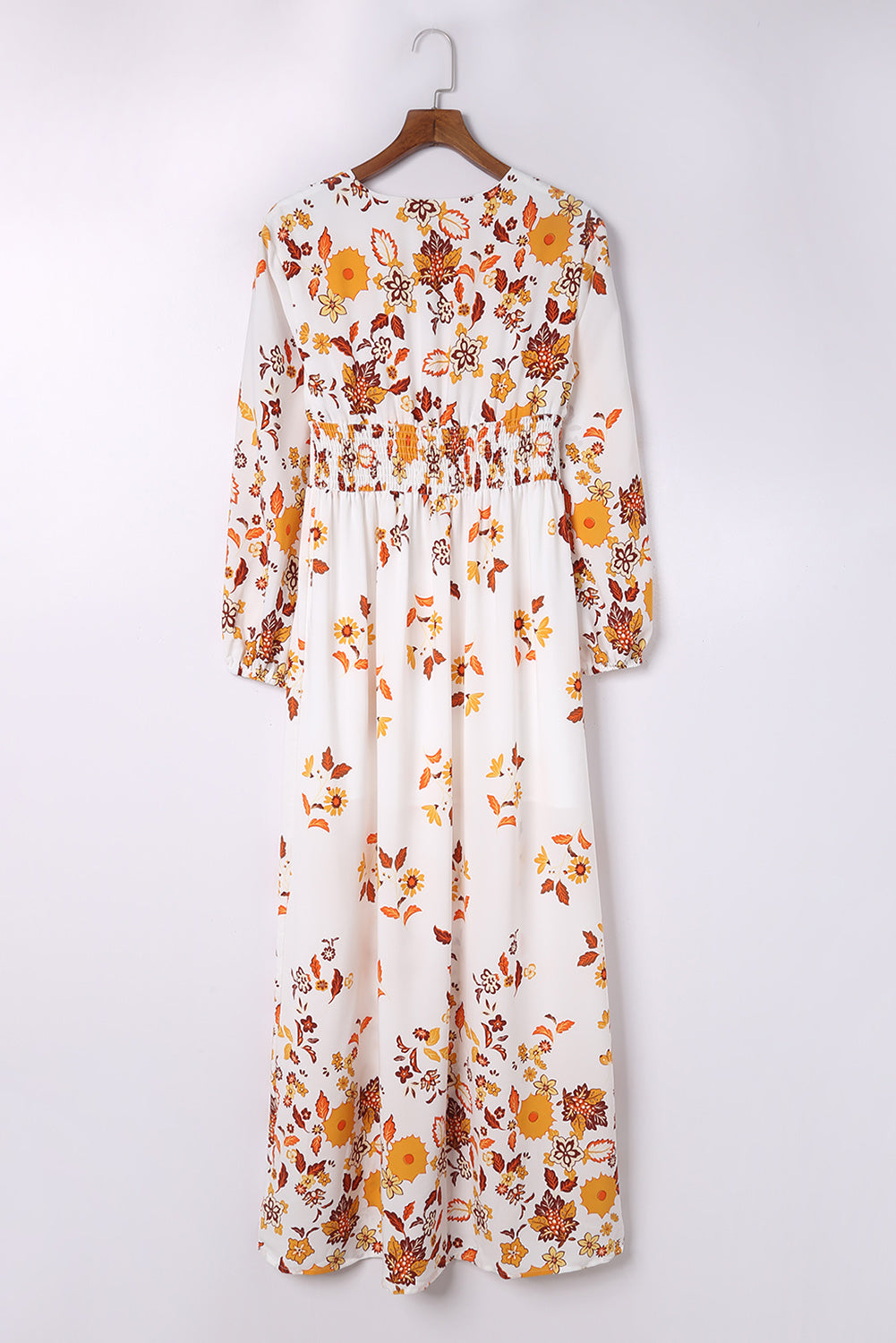 Yellow Leaf Print V Neck Puff Sleeve Maxi Dress