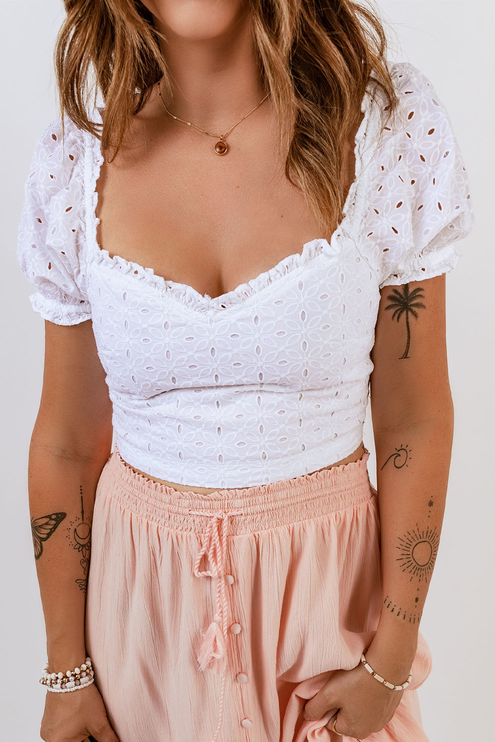 White Lace Crochet Puff Sleeves Crop Top