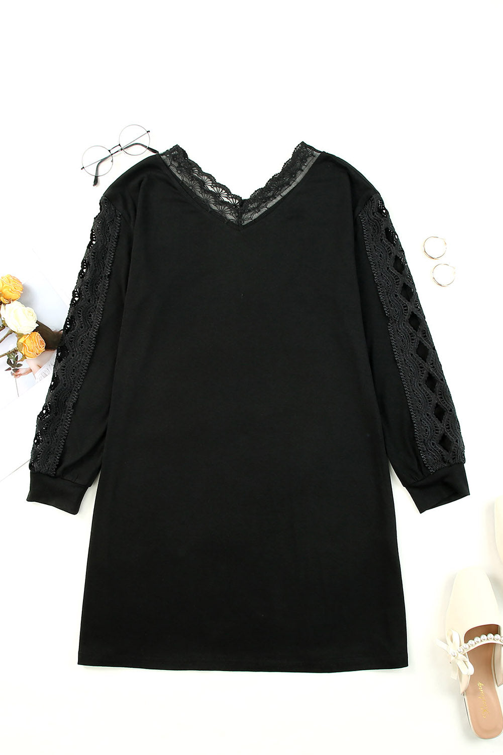 Black Lace Splicing Hollow Out Mini Dress