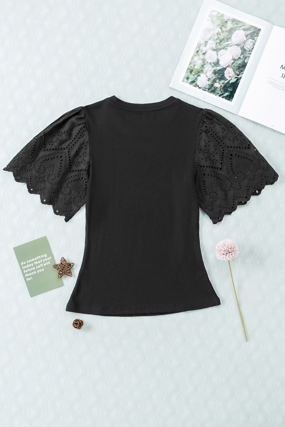 Black Scalloped Eyelet Sleeve Ribbed Knit Top